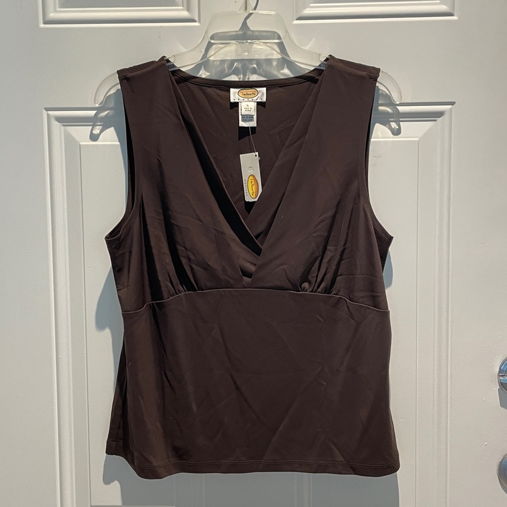Talbots Chocolate Brown V-cut Sleeveless Drape Front Top Size Petite Large